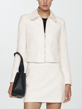 Mango Ivory Cropped Textured Zip Jacket and skirt